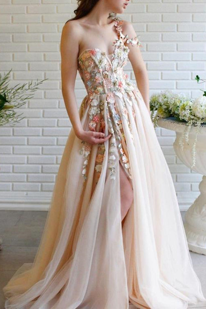 Elegant One Shoulder Champagne Prom ...